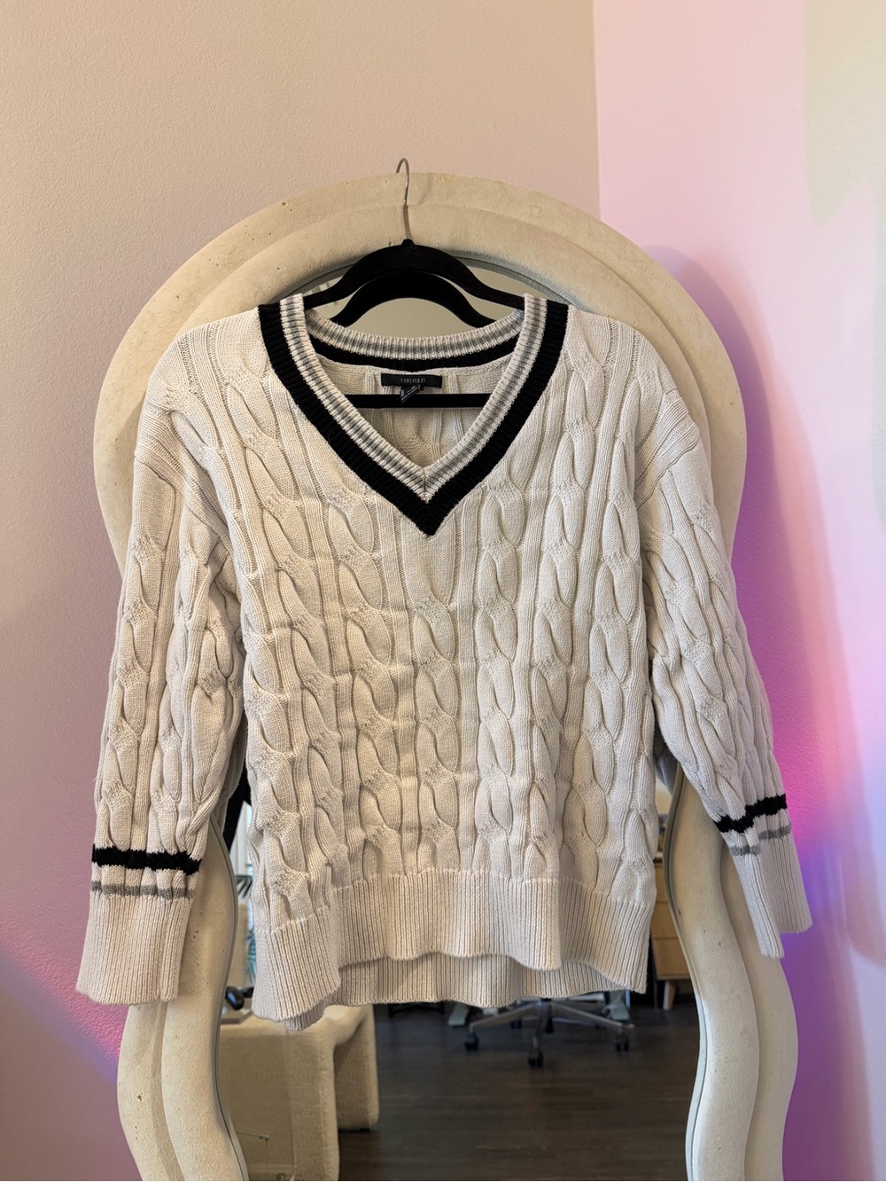 Forever 21 Ivory Cable Knit V-Neck Sweater with Black Trim